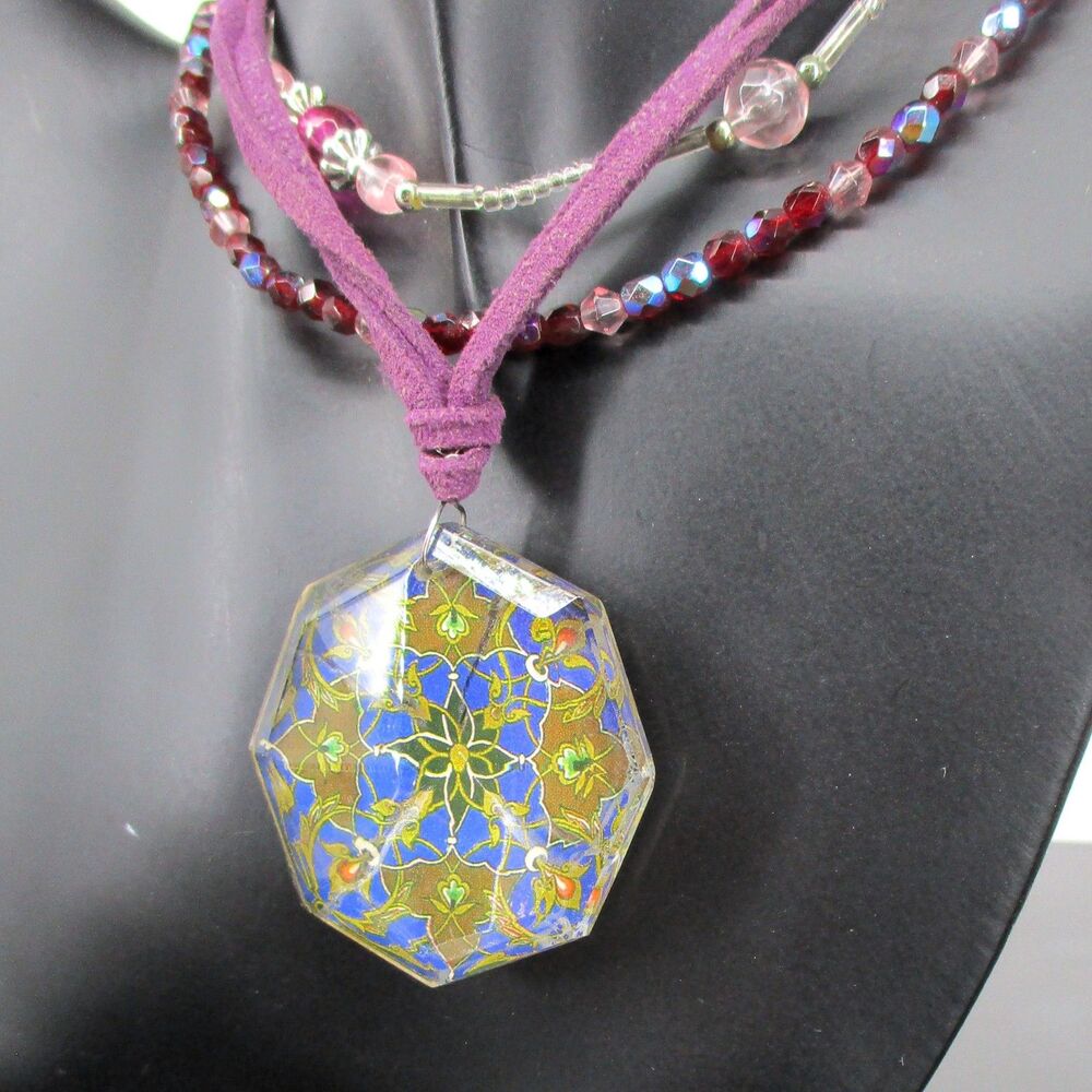 Vintage Boho Jewelry Lot: Reverse Carved Lucite Pendant & Glass Beaded Necklaces